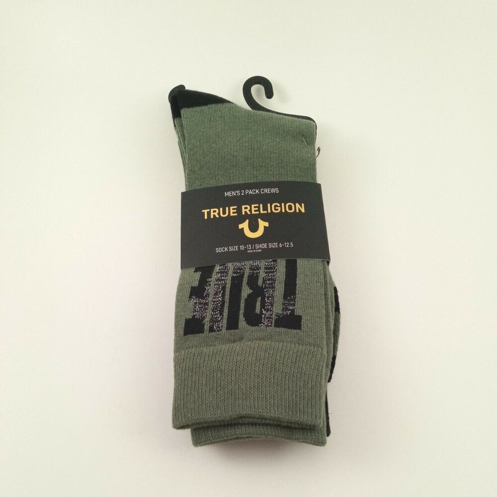 True Religion Men's 2 Pack Crew Socks Size 10-13 Green Black & Camo New